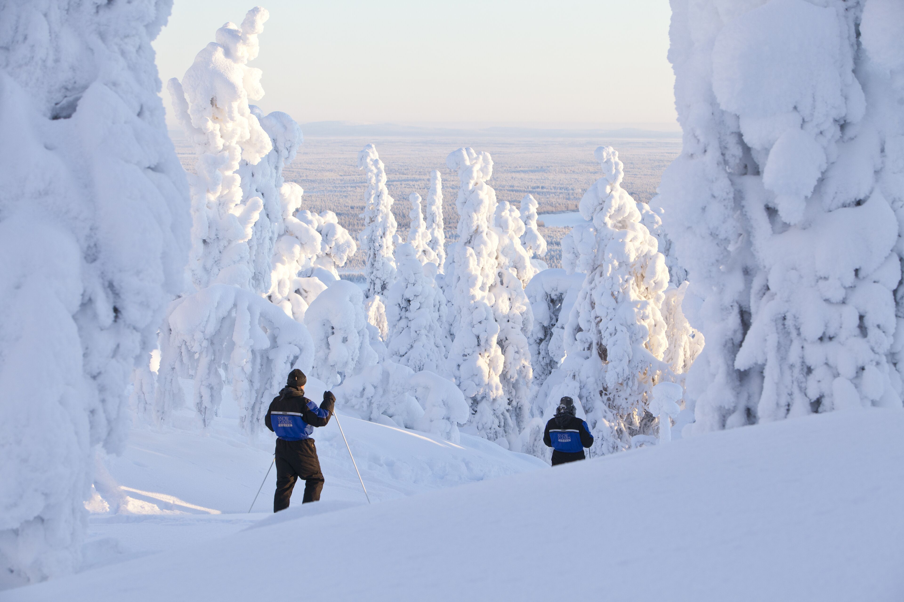 A snowy landscape with two people skiing.