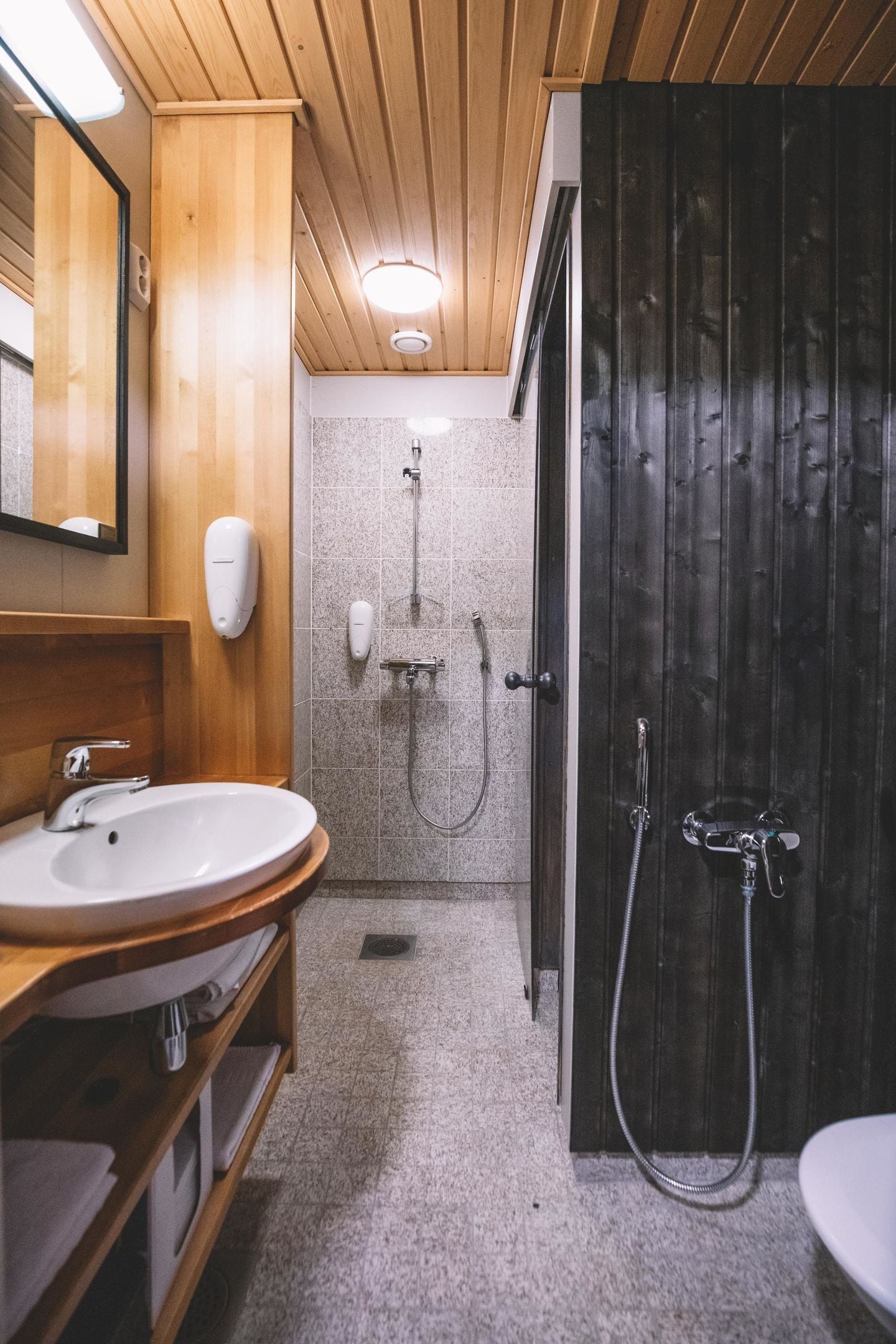 A bathroom with a wooden vanity, a sink, a mirror, a shower with a handheld showerhead, and a dark wooden door.