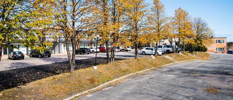 A parking lot with several cars, trees with yellow leaves, and buildings in the background.