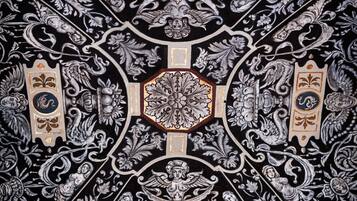 A detailed ceiling with intricate black and white patterns, including floral and geometric designs.