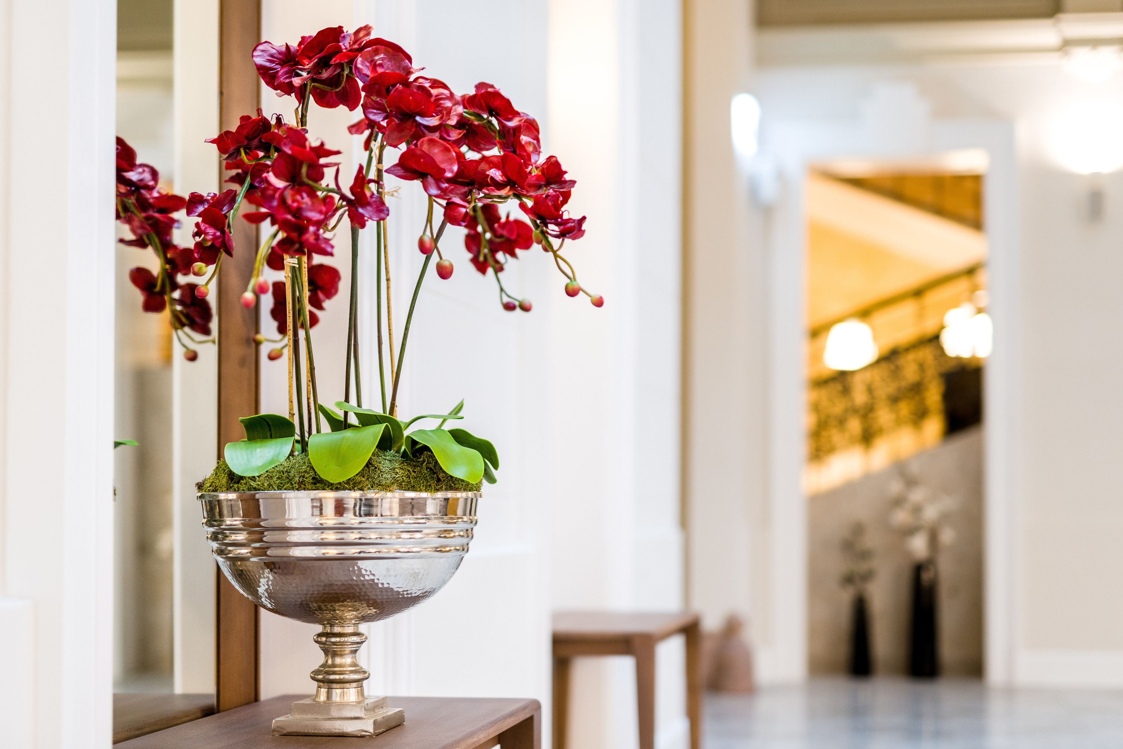 A silver bowl with red orchids and green leaves on a wooden table in a well-lit hallway.