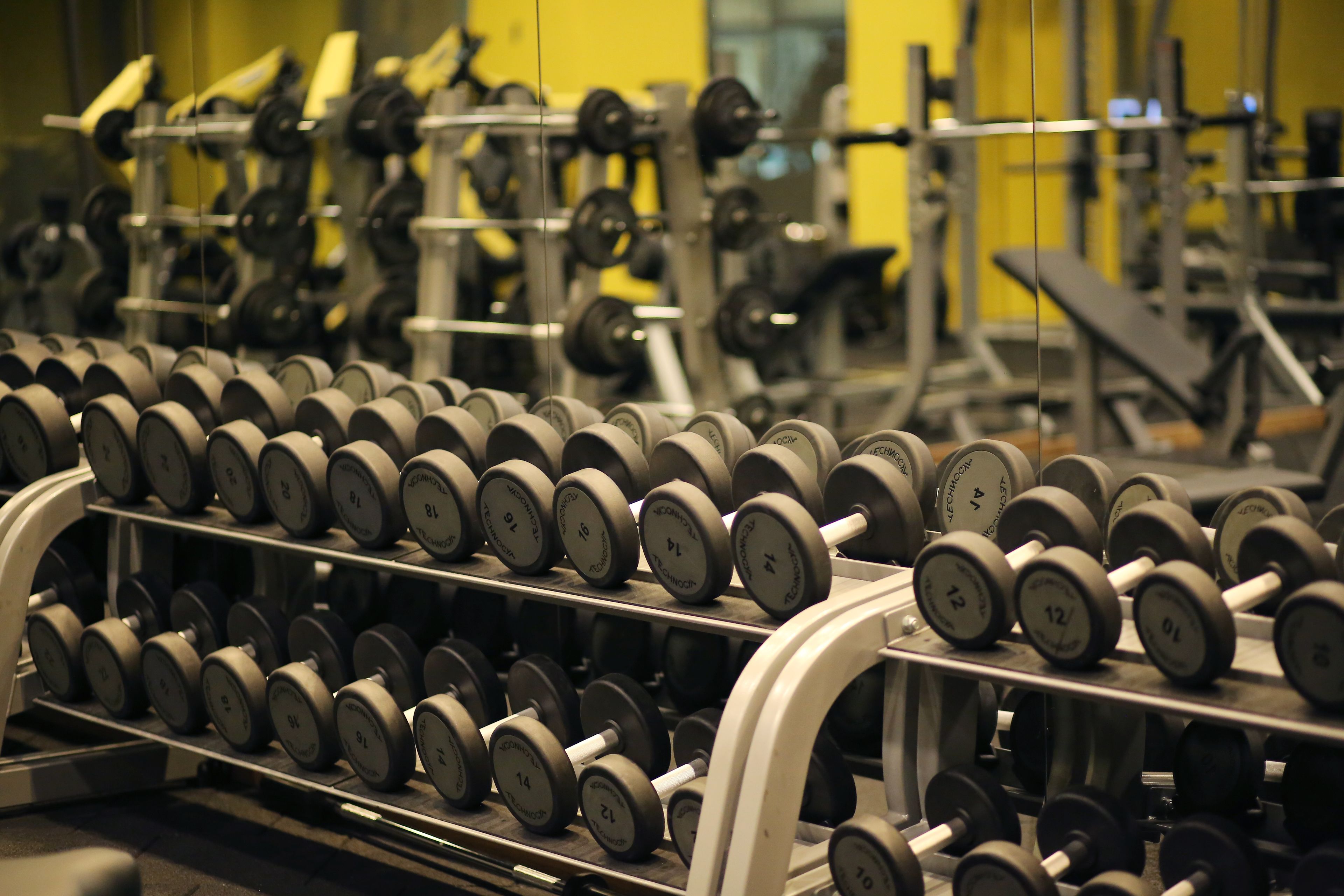 A gym with rows of dumbbells on racks, various weight machines, and exercise equipment.