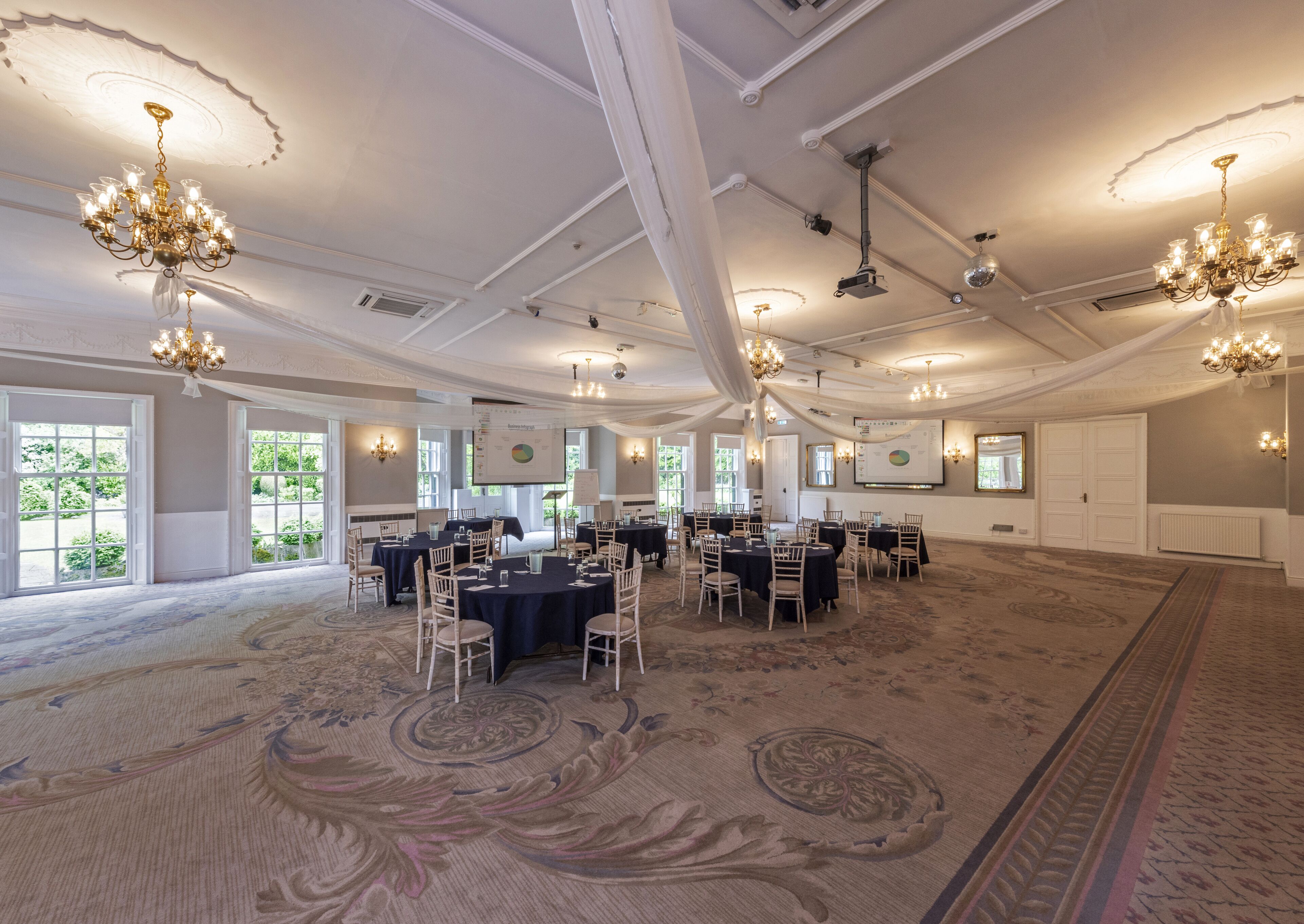 A large, elegantly decorated conference room with multiple tables and chairs, chandeliers, and large windows allowing natural light.