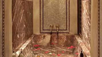 Separate tub and shower, hair dryer, bidet, towels