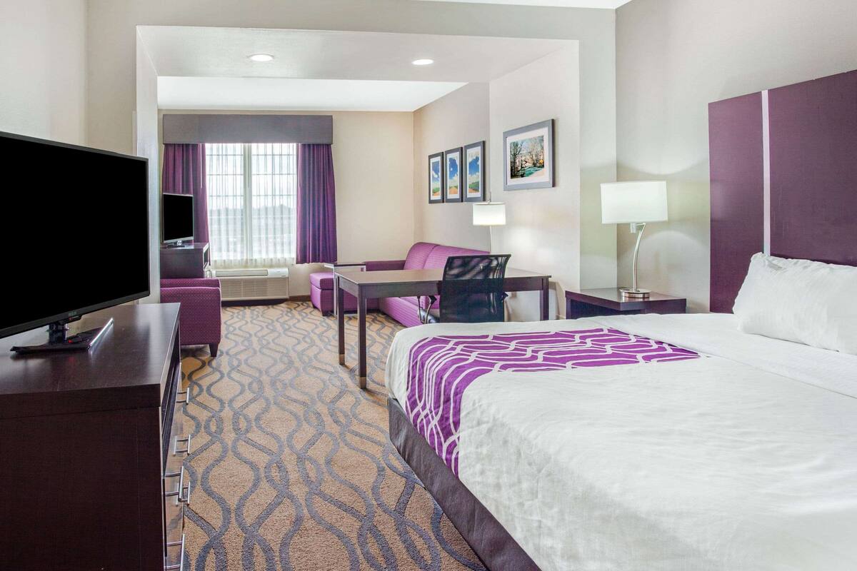 A hotel room with a bed, a desk, a chair, a television, a sofa, and a window with curtains.