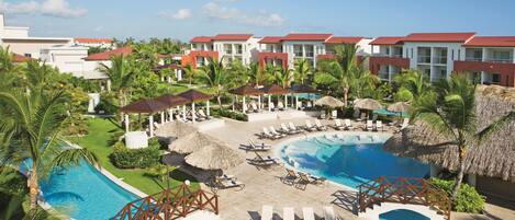 Outdoor pool, pool umbrellas, pool loungers