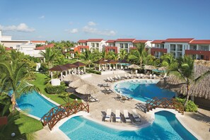 Outdoor pool, pool umbrellas, pool loungers