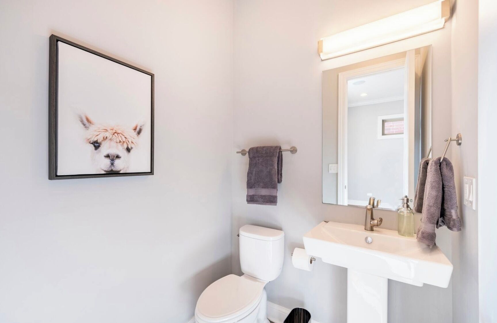 A bathroom with a white toilet, a sink with a mirror above it, and a framed picture of a llama on the wall.