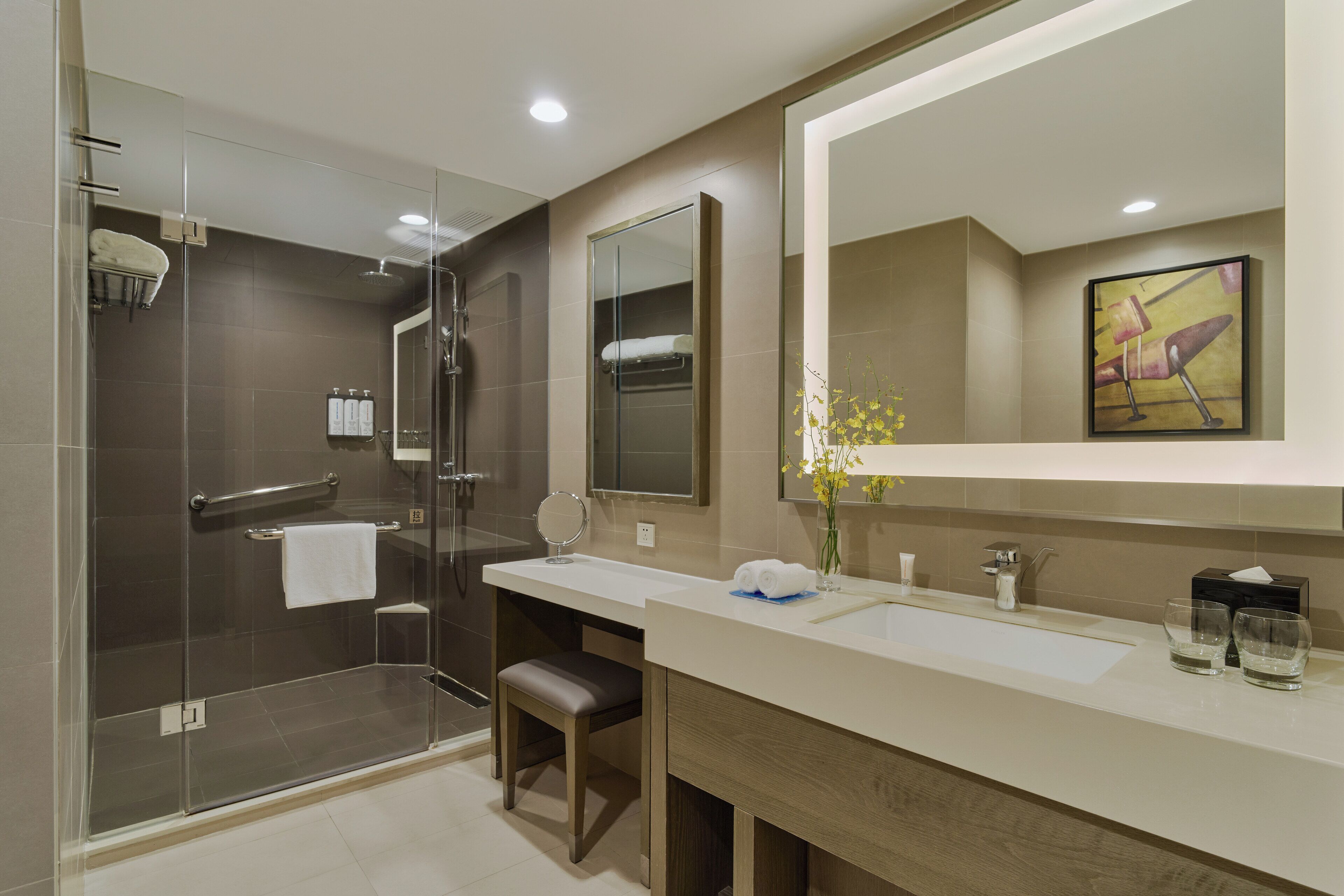 shower, rainfall showerhead, hair dryer, bathrobes