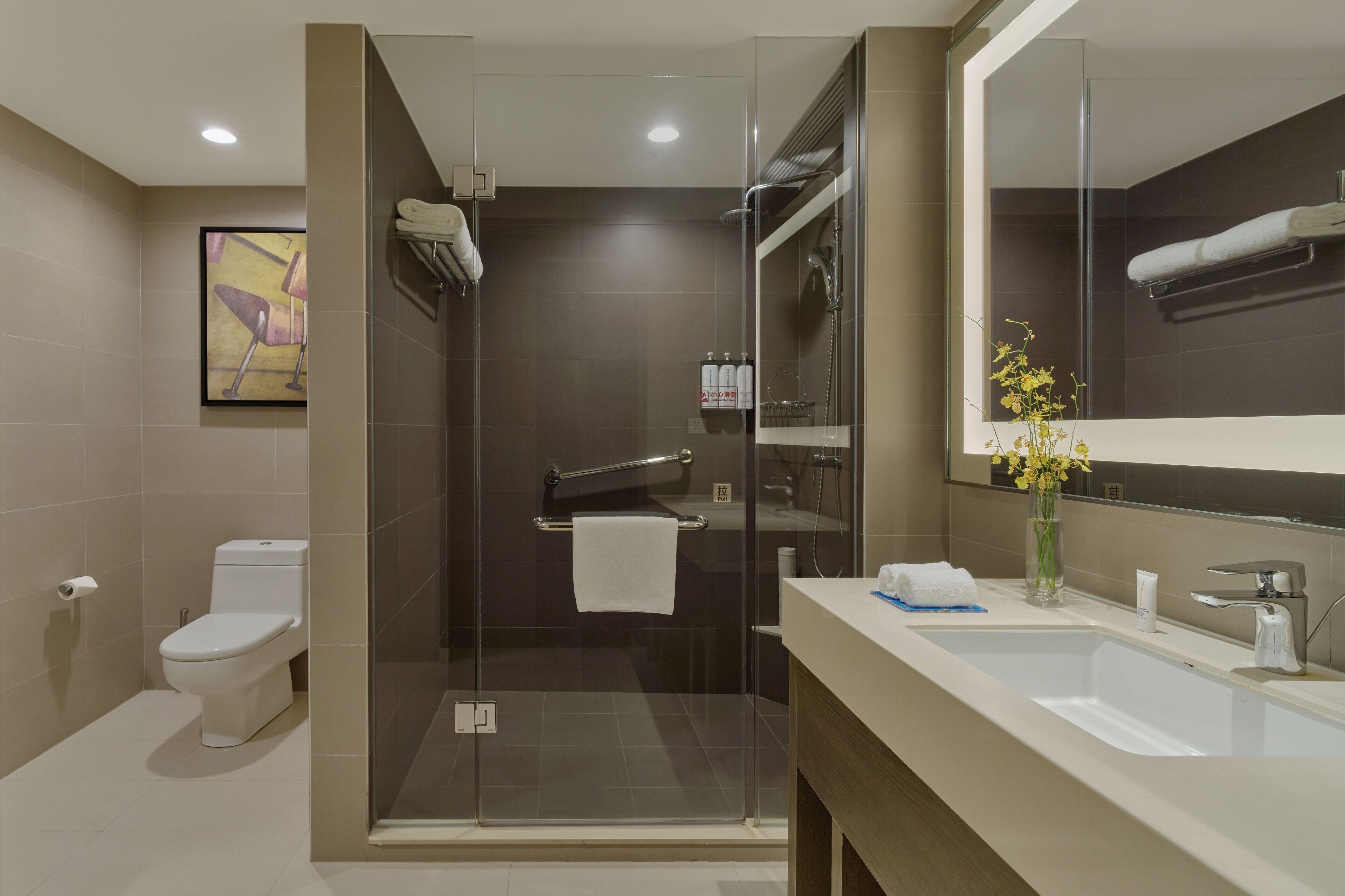 shower, rainfall showerhead, hair dryer, bathrobes