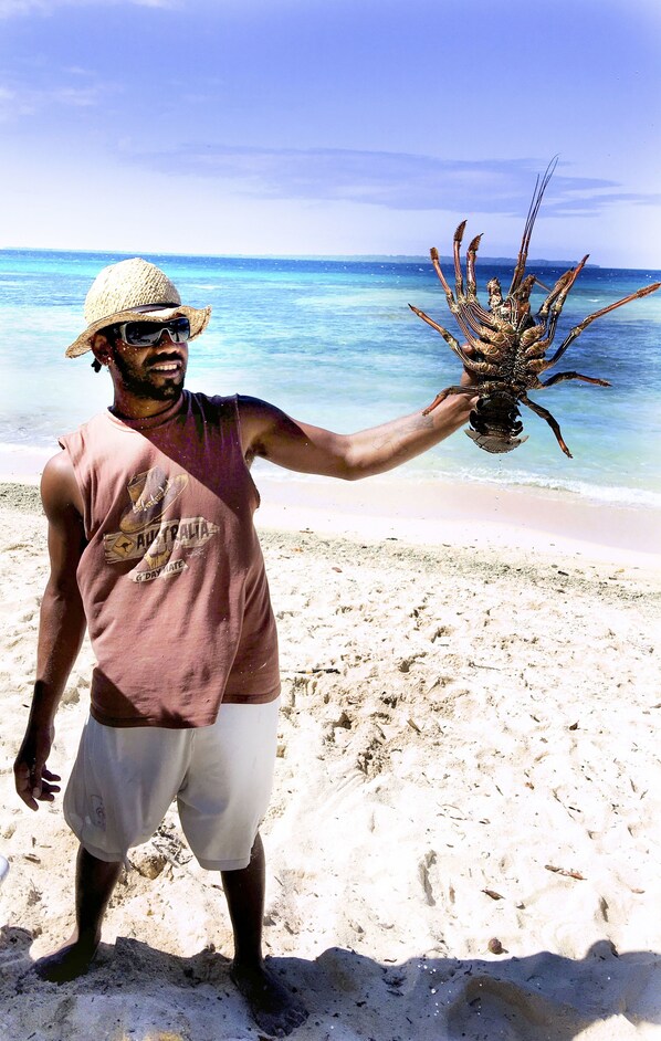 Una persona sosteniendo un cangrejo grande en la playa.