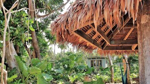 A rustic wooden structure with a thatched roof, surrounded by lush greenery and palm trees. - Two Canoes Island Getaway (Aore Island)