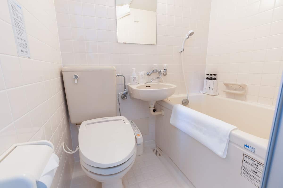 combined shower/bathtub, deep-soaking bathtub, free toiletries