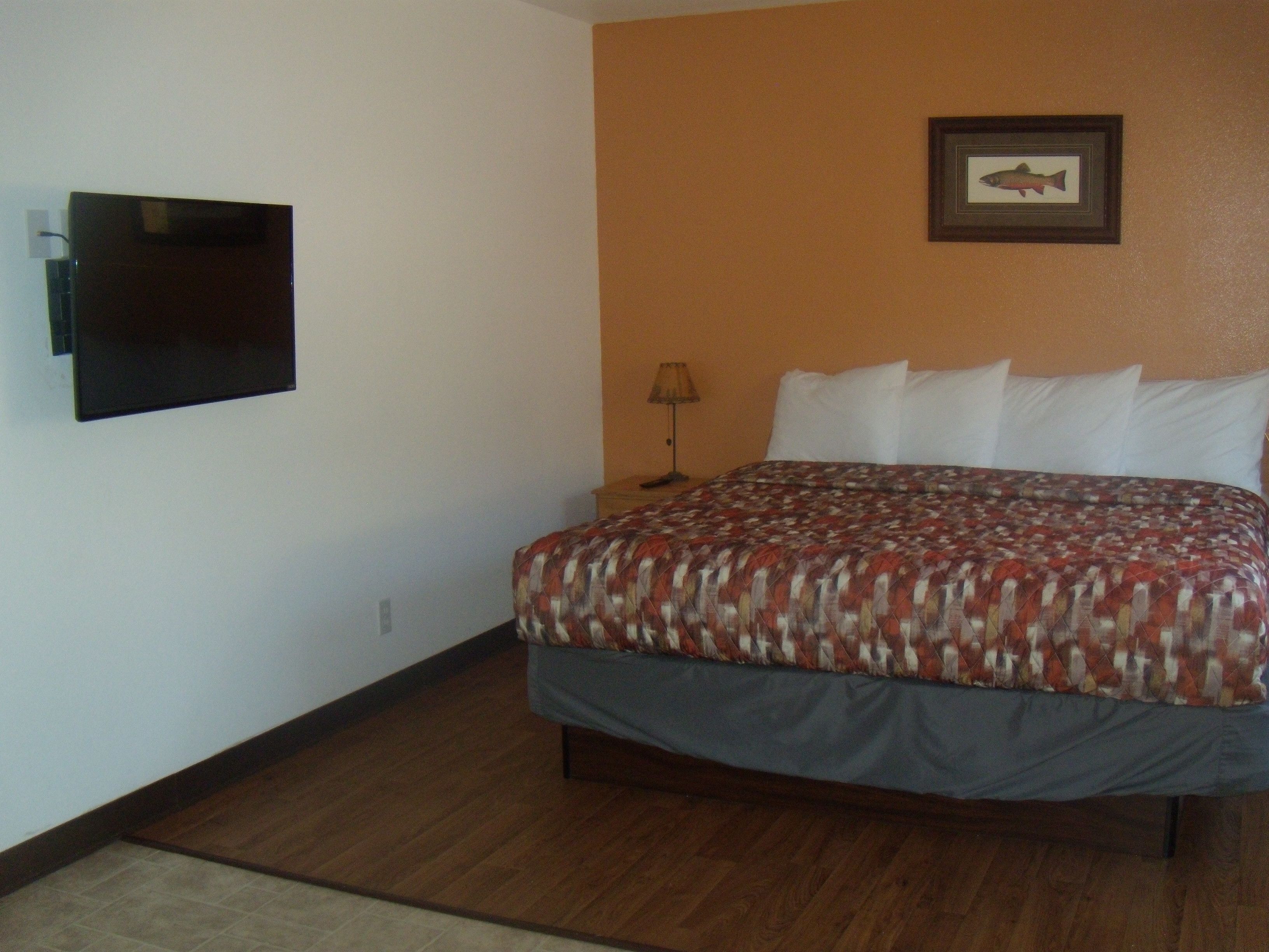 Habitación de hotel con cama, televisor de pantalla plana en la pared y un cuadro de peces enmarcado sobre la cama.