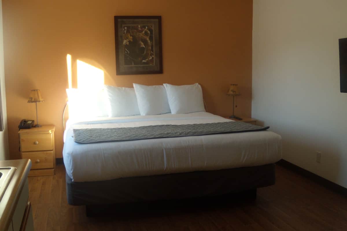 A hotel room with a large bed, white bedding, a framed picture on the wall, and a bedside table with a lamp.