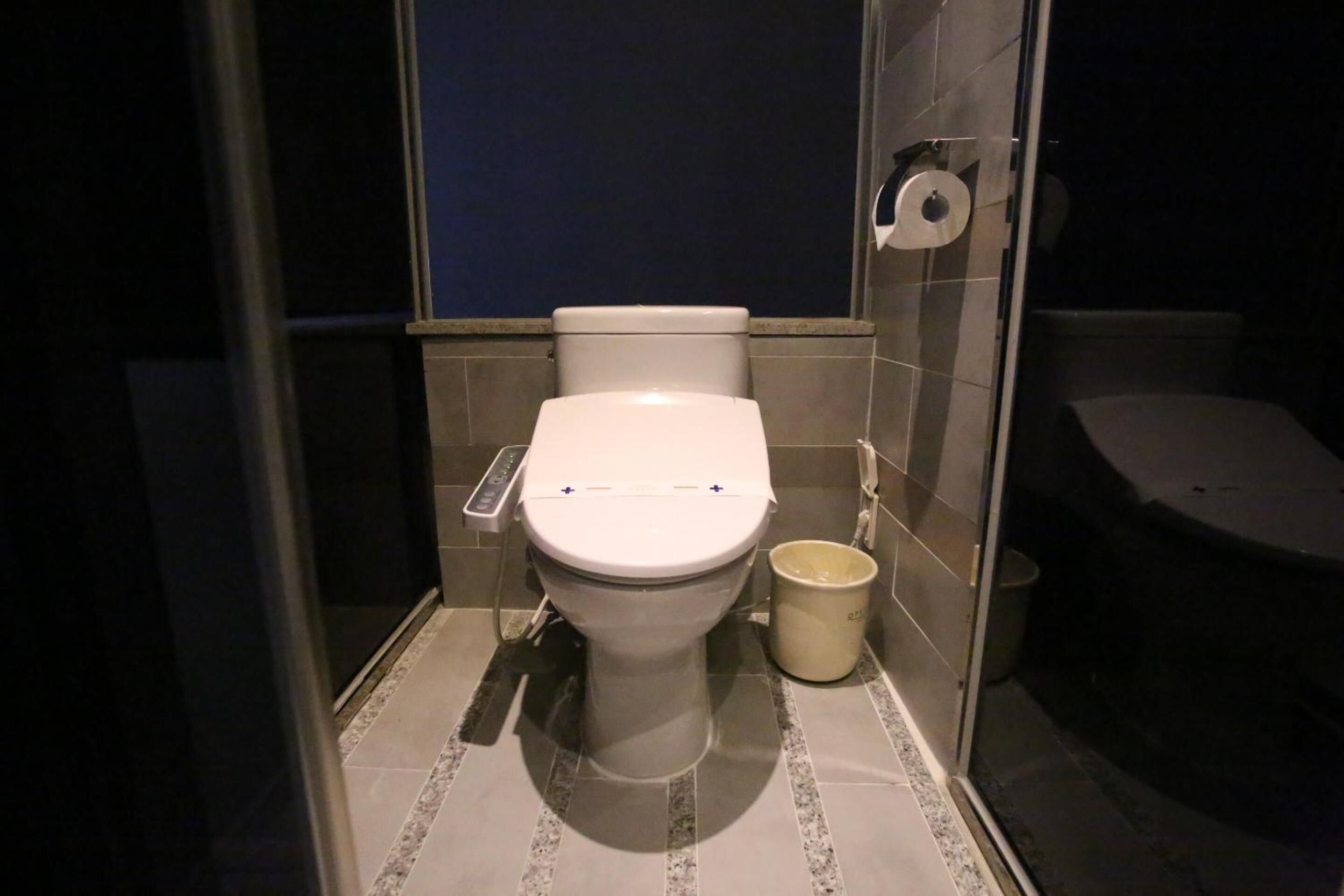 Ein kleines, modernes Badezimmer mit Toilette, Mülleimer und Toilettenpapierhalter an der Wand.