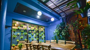 A restaurant with wooden tables and chairs, potted plants, and a blue interior. - BGW Phuket - Hostel (Patong)
