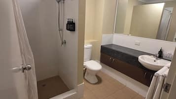 Un baño con ducha, inodoro, lavabo y espejo.
