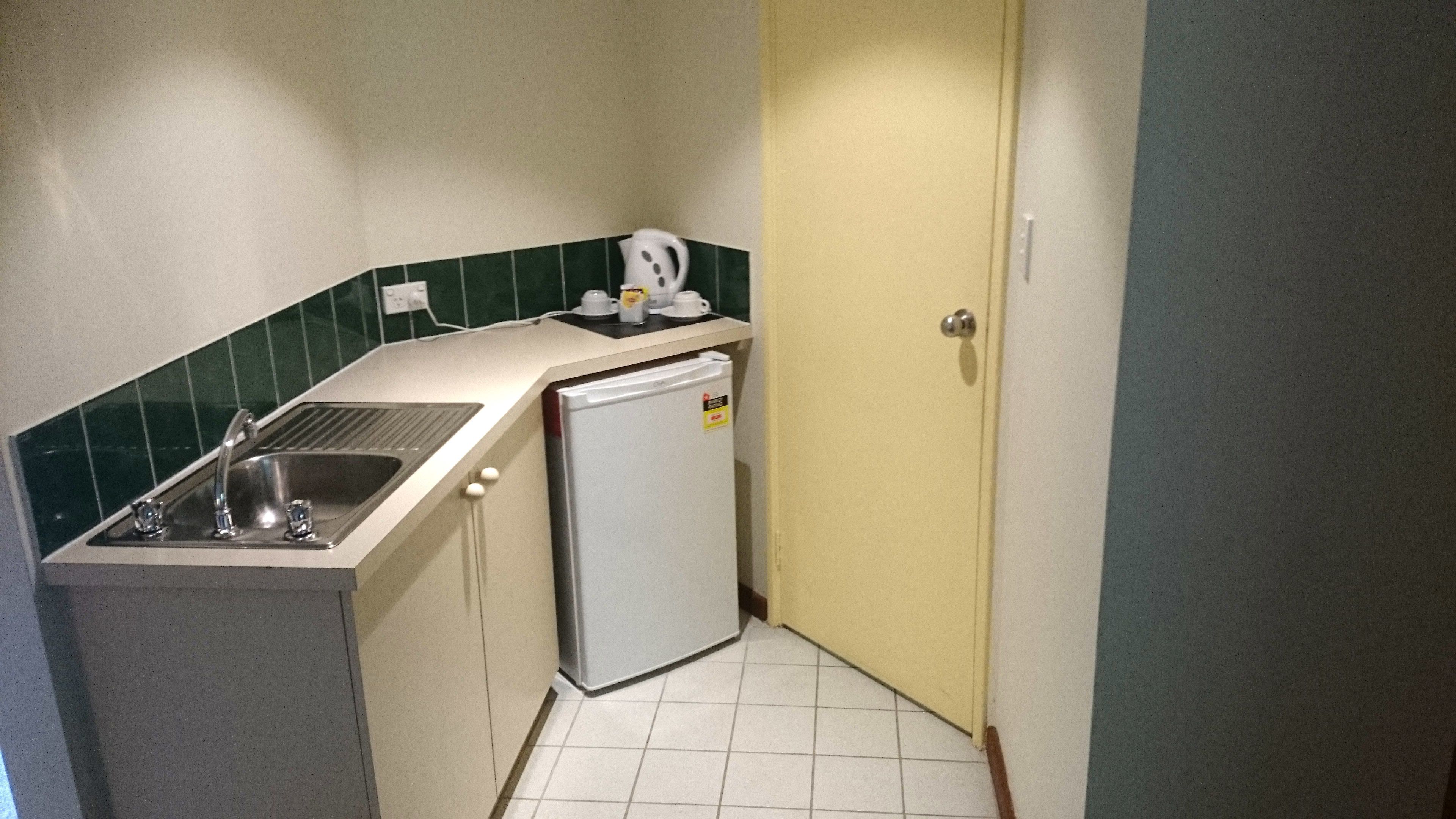 fridge, microwave, coffee/tea maker, electric kettle