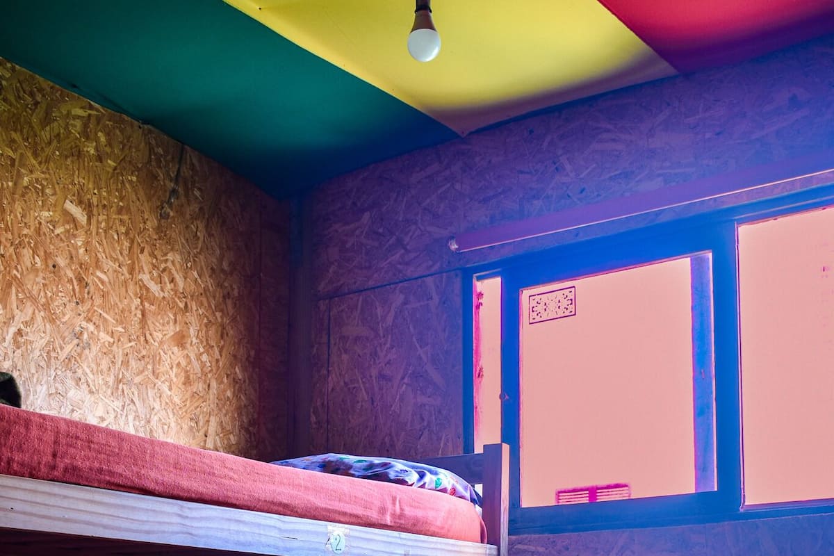 A bunk bed room with wooden walls, a window with a view, and a hanging light fixture.