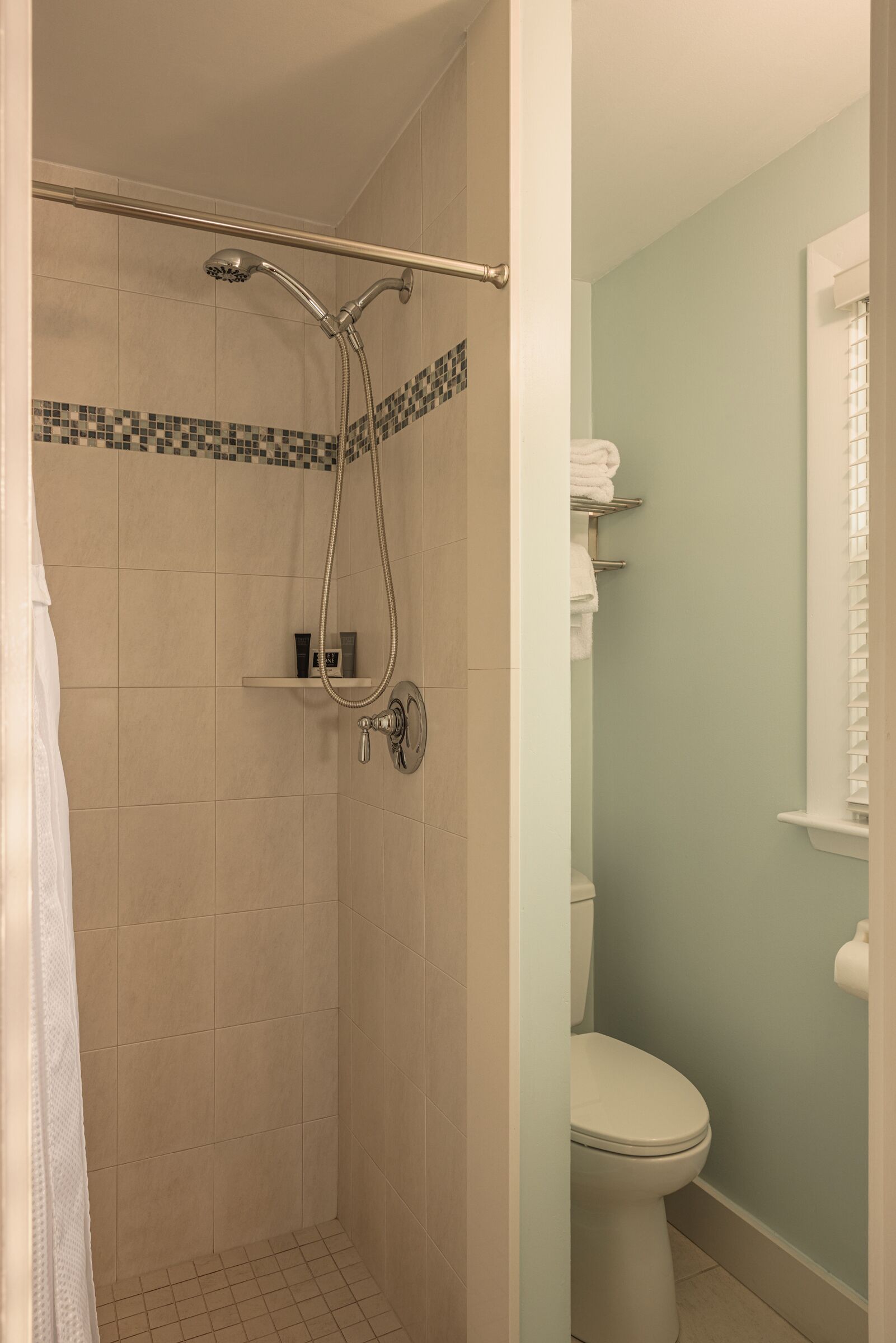 A bathroom with a shower, toilet, and a shelf with toiletries.