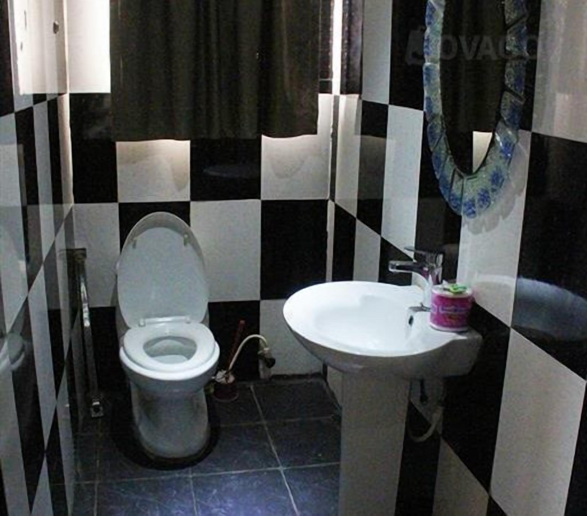 Een badkamer met toilet en wastafel, betegeld met zwart-wit geruit mozaïek, en een spiegel met een blauw bloemenmotief.