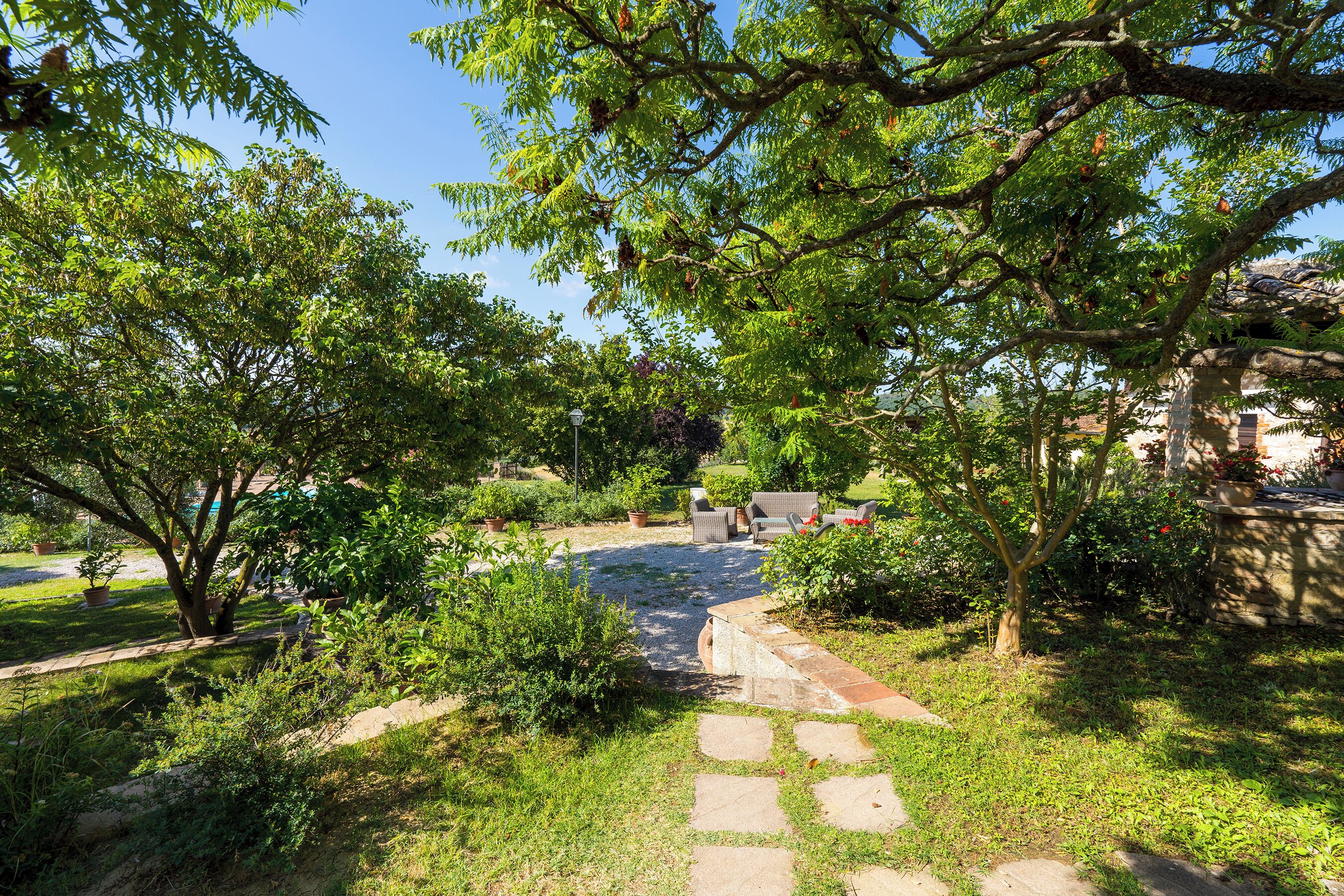 A garden with a stone pathway leading to a seating area.