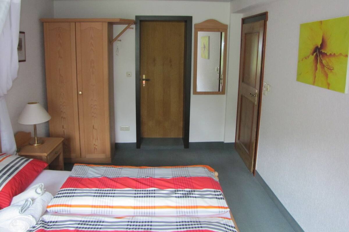 Un dormitorio con cama, armario, puerta y un cuadro en la pared.