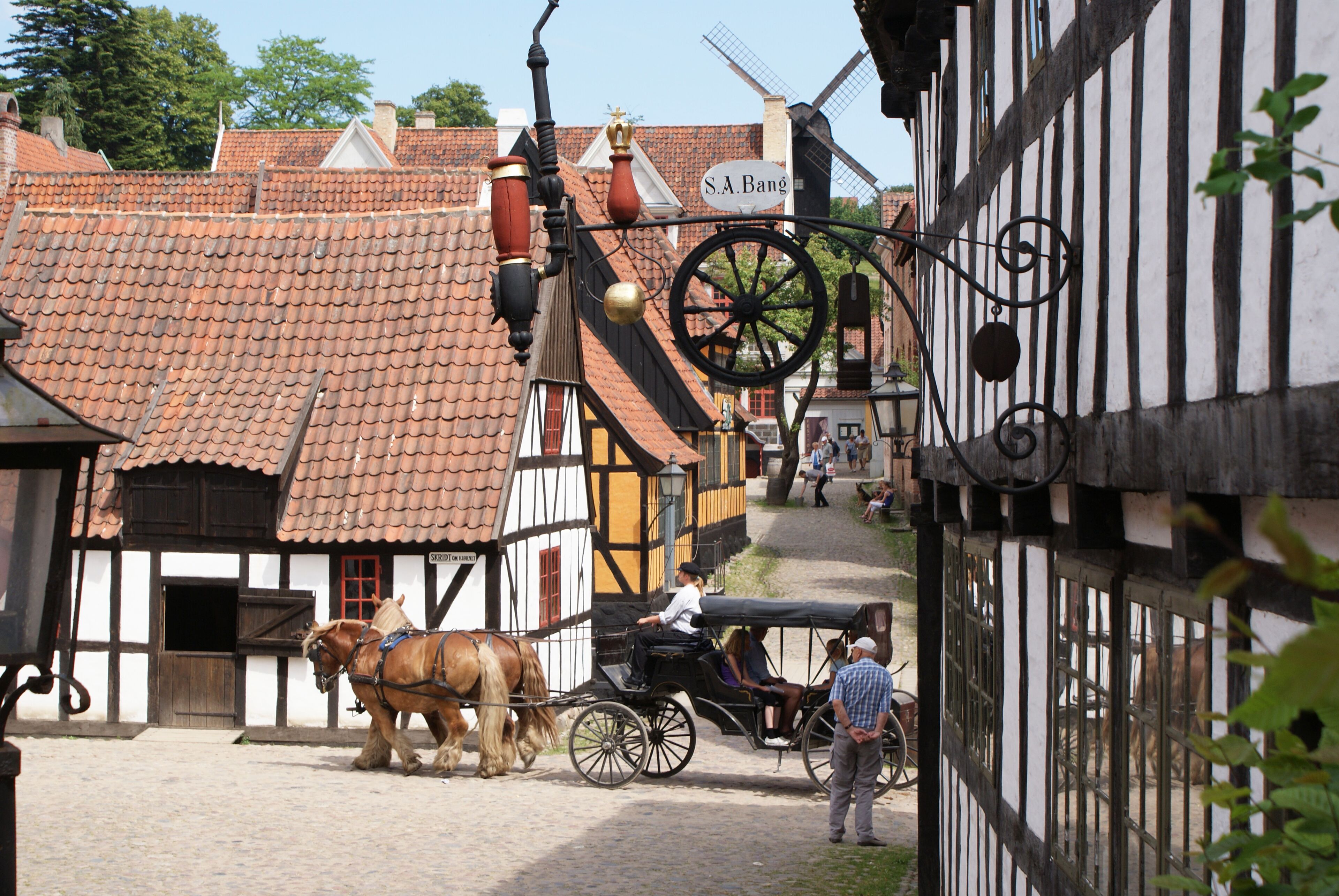 Une calèche traditionnelle tirée par des chevaux dans une rue étroite pavée, bordée de bâtiments historiques.