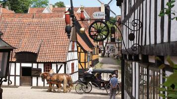 Une calèche traditionnelle tirée par des chevaux dans une rue étroite pavée, bordée de bâtiments historiques.