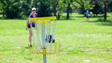 Un panier de disc golf dans un parc, avec un terrain herbeux et des arbres en arrière-plan.