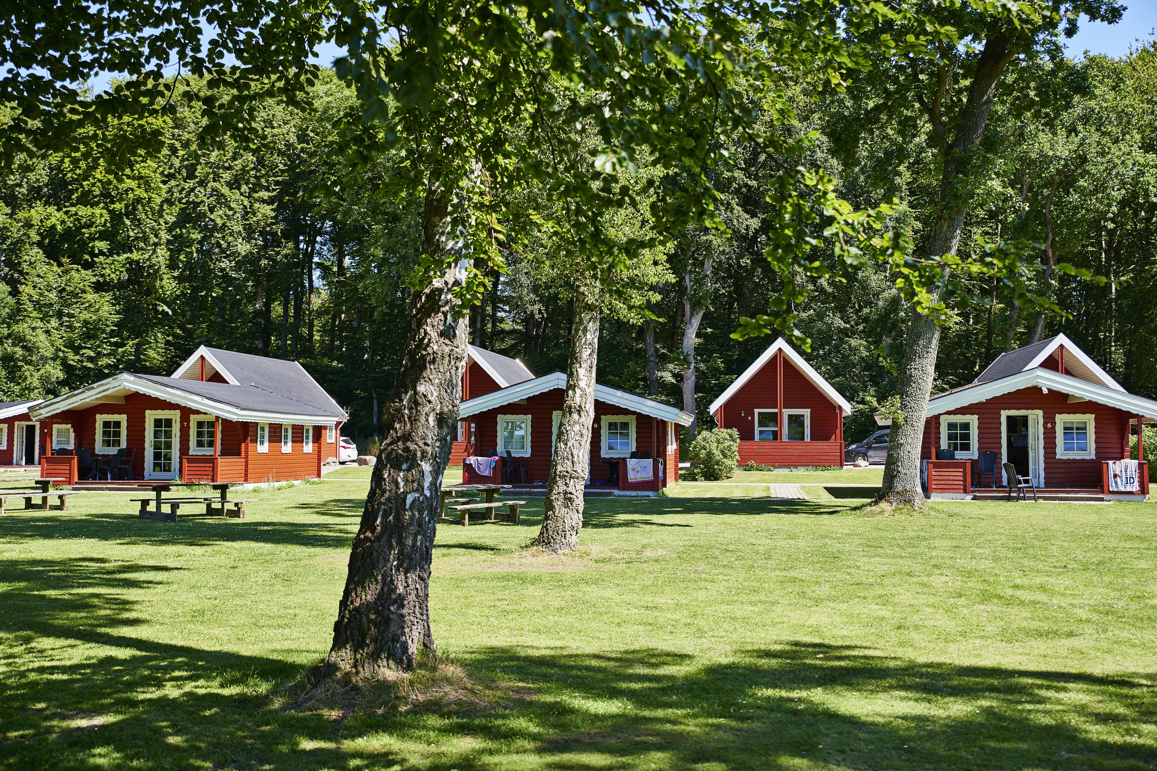 Een rij rode vakhuizen met witte details, omgeven door groen gras en bomen.