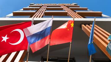 Un edificio con múltiples banderas, incluyendo las de Turquía, Rusia y China, y un diseño de listones de madera.