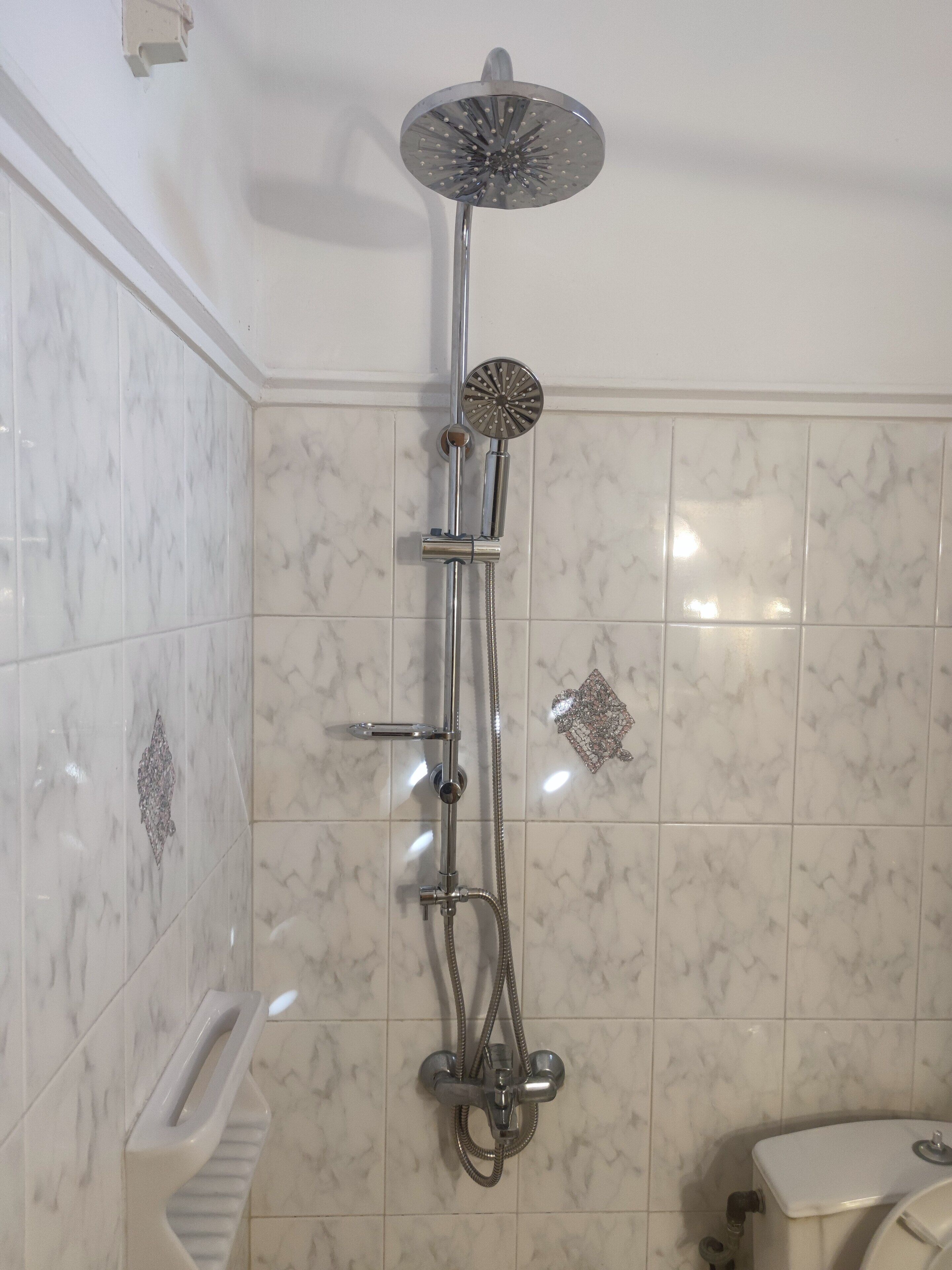 A bathroom with a shower, toilet, and a marble-tiled wall.
