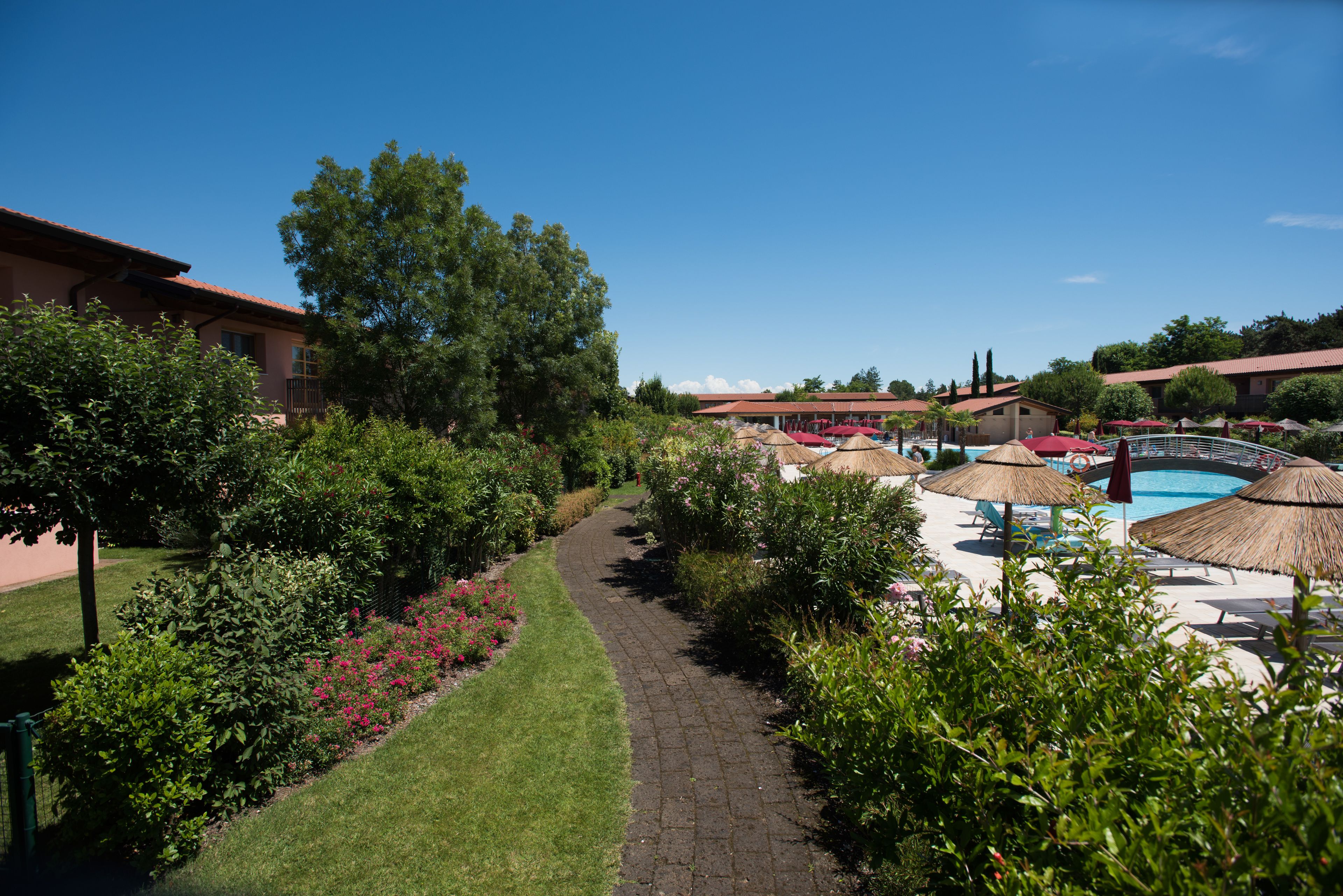 A pathway leading to a pool area with umbrellas and lounge chairs, surrounded by lush greenery and a clear blue sky.