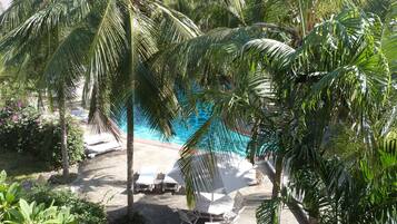 Un espace piscine avec des chaises longues et des palmiers.