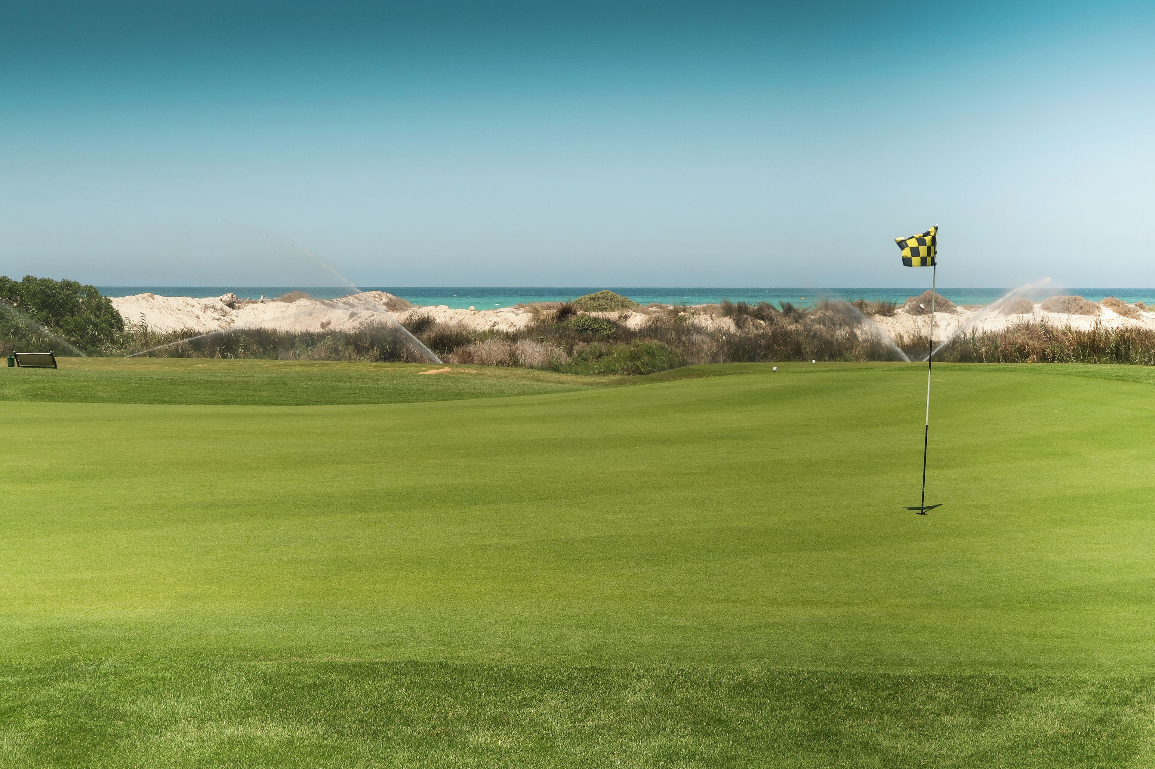 A golf course with a flagstick, sand dunes, and a clear view of the ocean.