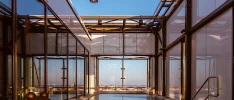 A glass-enclosed infinity pool with a city view, metal railings, and a bear sculpture.