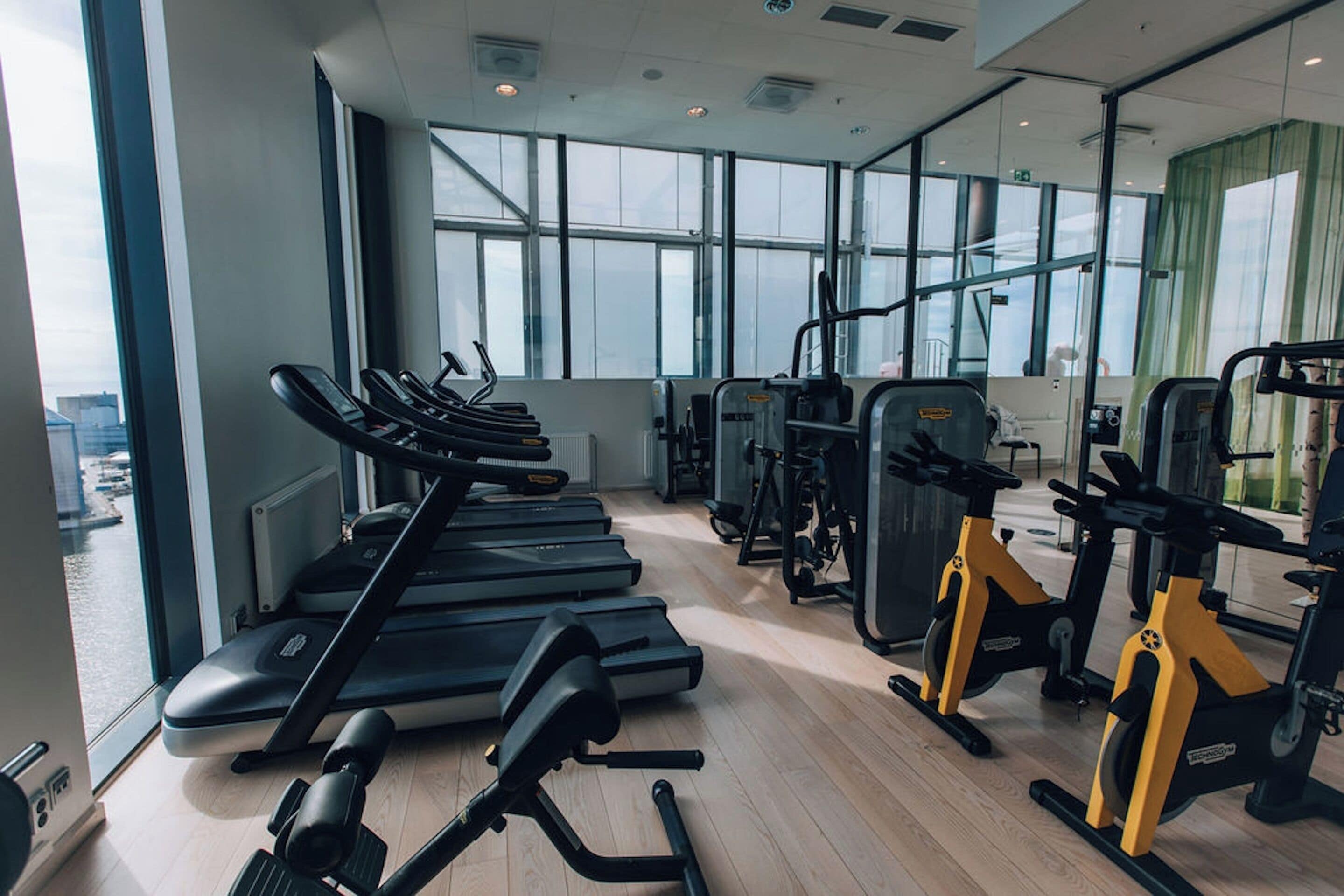 Una palestra con tapis roulant, cyclette e macchinari per l'allenamento con i pesi.