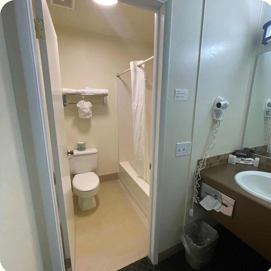 A bathroom with a toilet, shower, and sink.