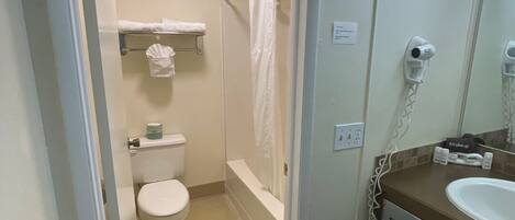 A bathroom with a toilet, shower, and sink.