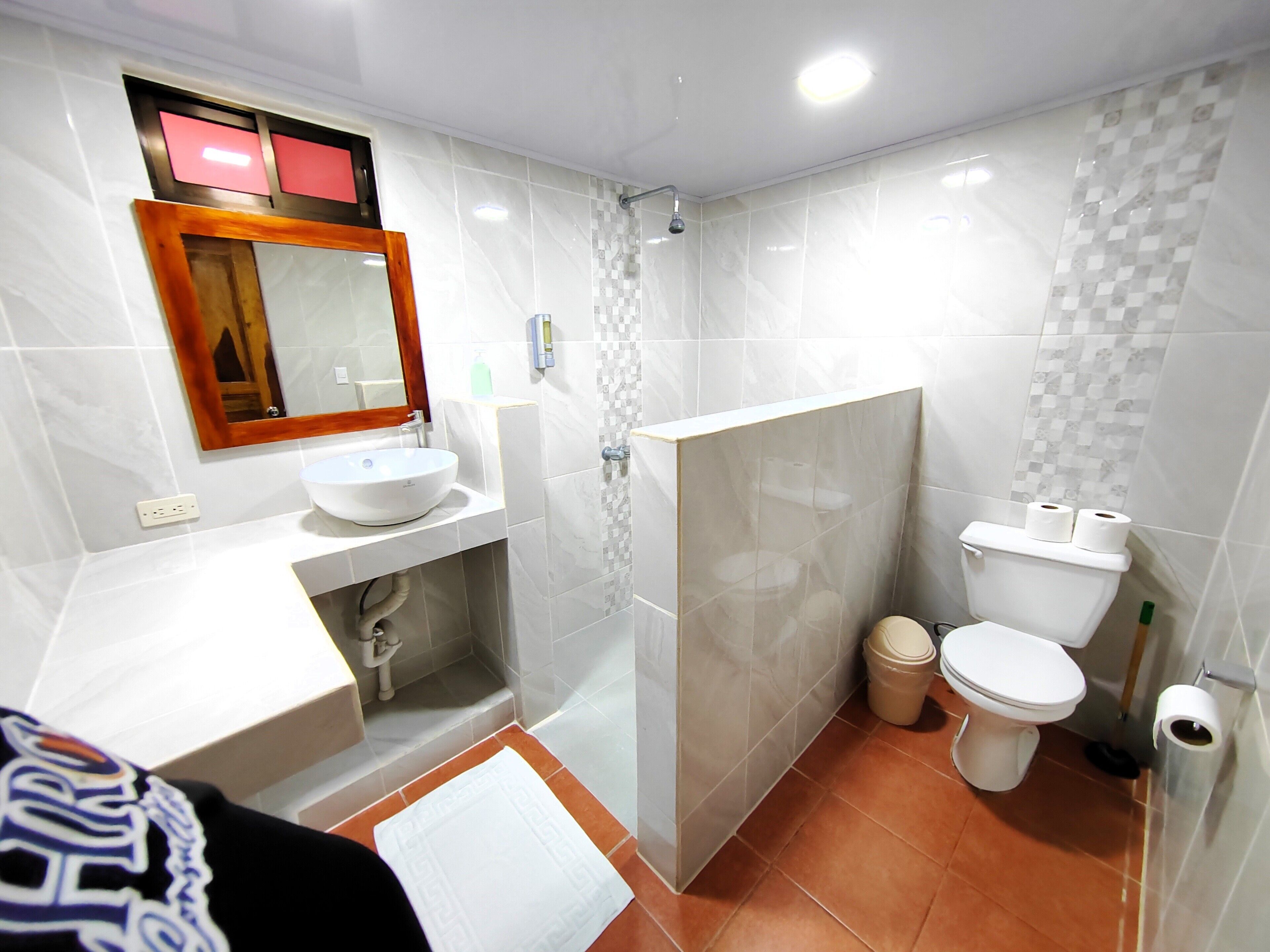 shower, rainfall showerhead, free toiletries, hair dryer