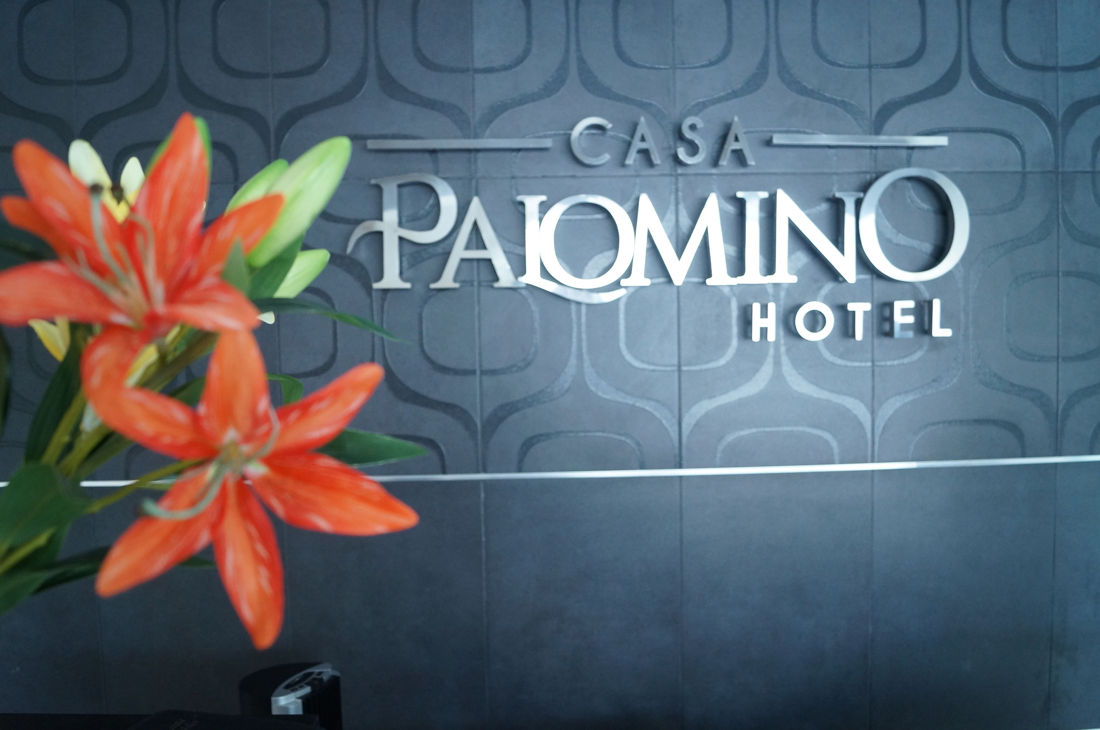 Schild für das Casa Palomino Hotel mit dekorativem Wandmuster.