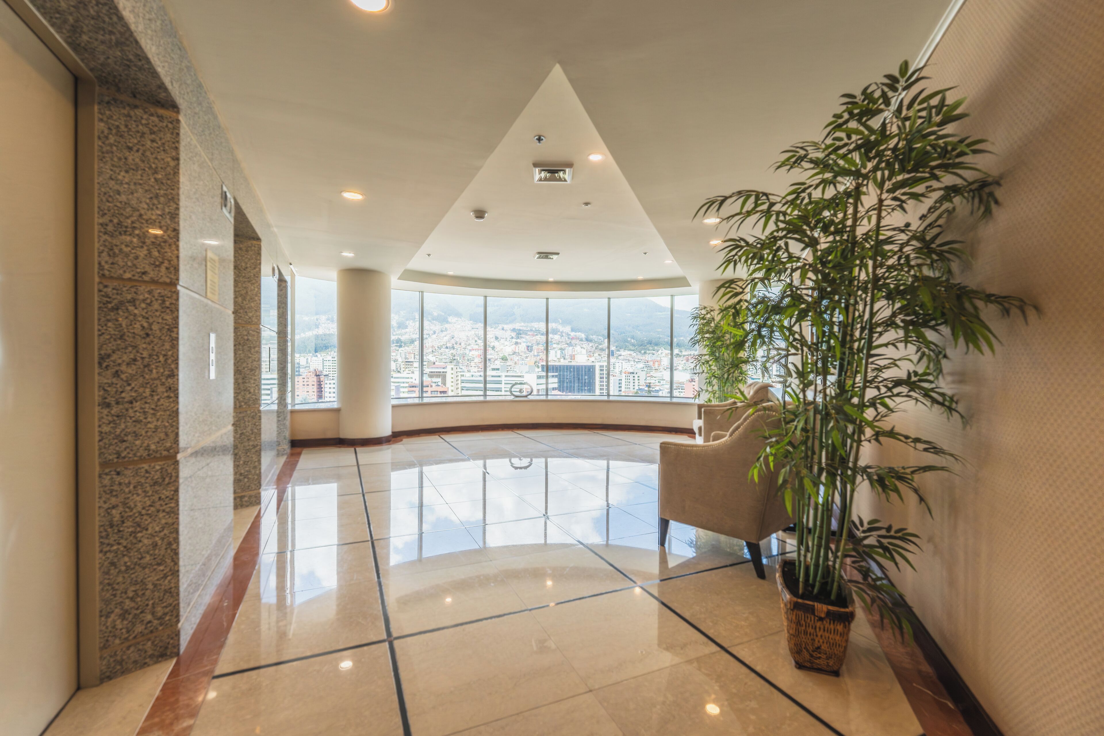 Un hall d’entrée spacieux, agrémenté d’une grande plante en pot, doté d’un plafond incurvé et offrant une vue sur le paysage urbain à travers de grandes fenêtres.