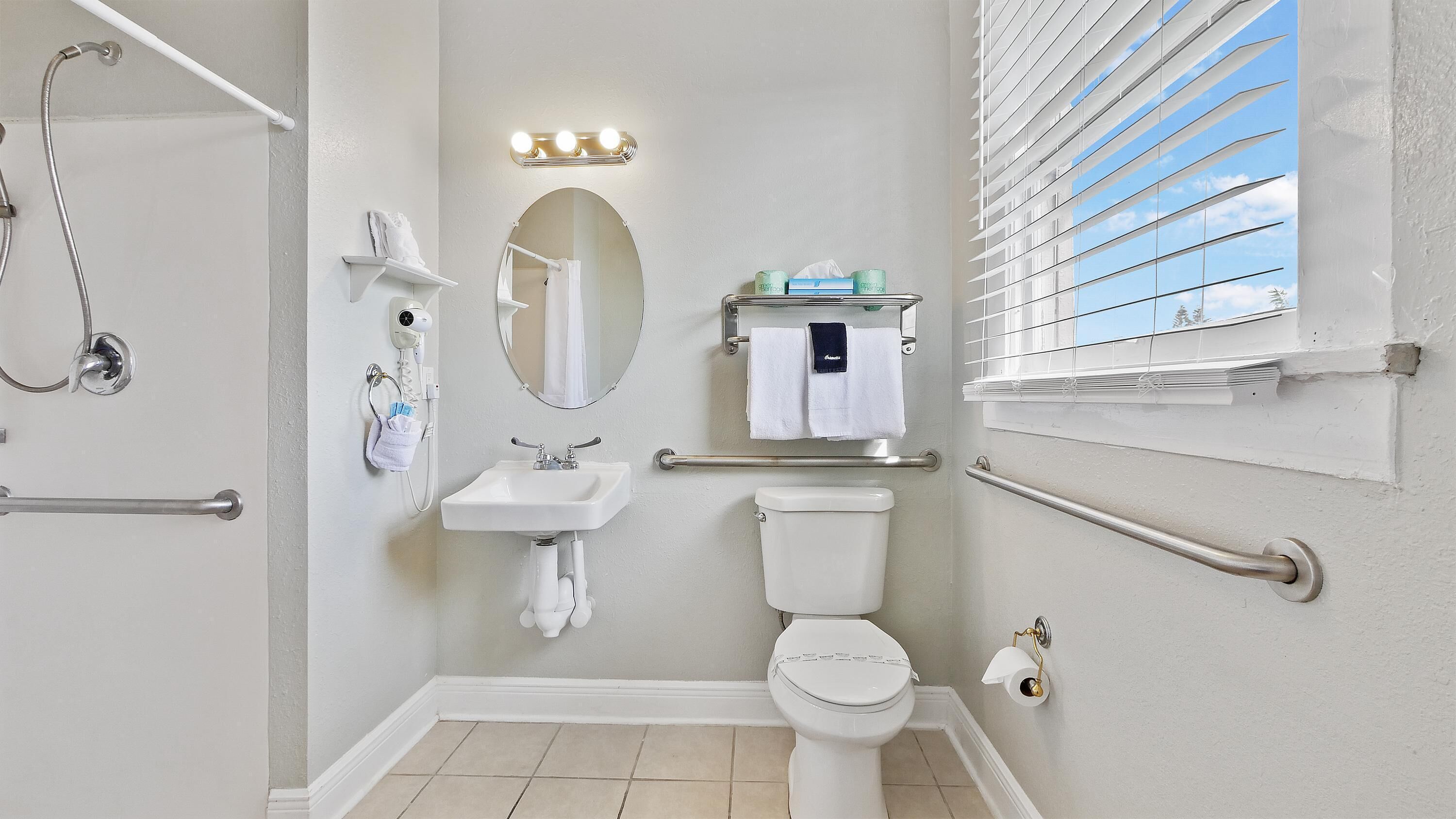 classic room, 1 king bed, accessible | bathroom | combined shower/bathtub, free toiletries, hair dryer, towels