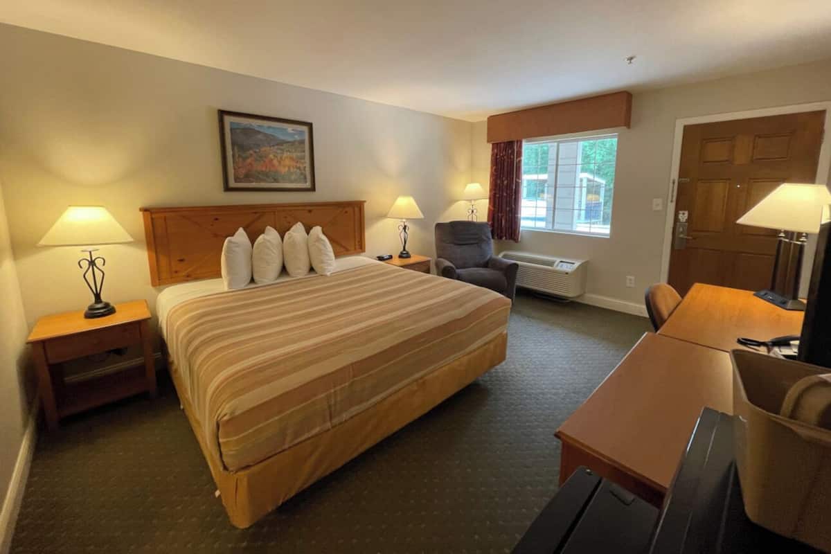 A hotel room with a large bed, two bedside tables with lamps, a chair, a desk, and a television.