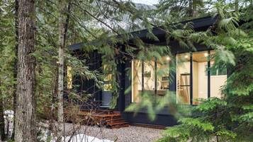 A modern cabin with large windows, surrounded by trees and a snowy ground.