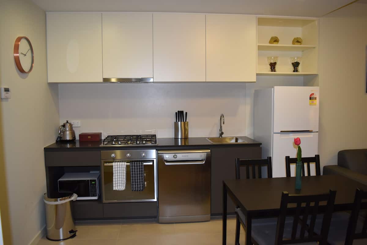 Full-sized fridge, microwave, stovetop, dishwasher