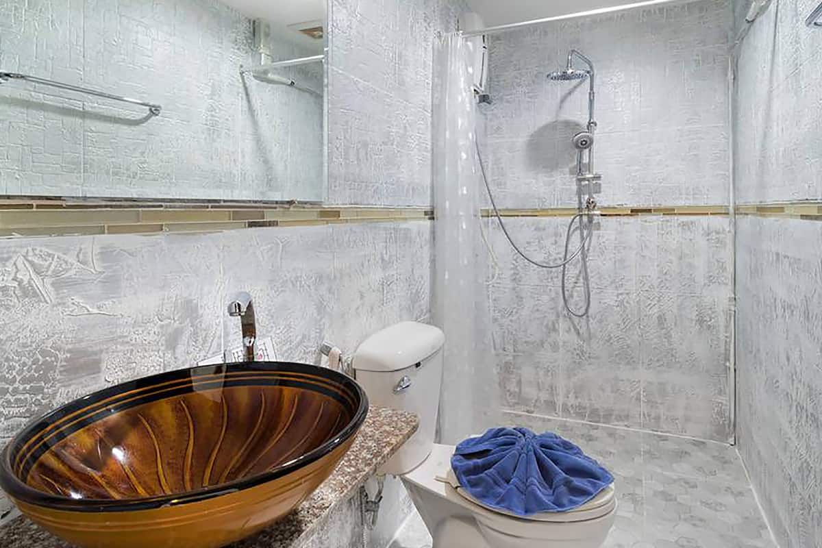 Shower, free toiletries, hair dryer, towels