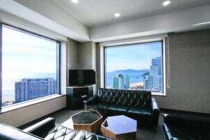 Shower, designer toiletries, hair dryer, bathrobes